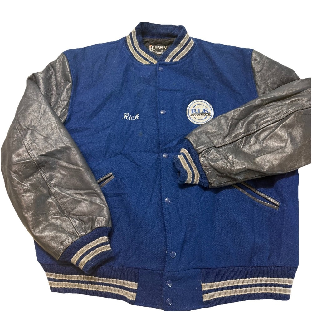 Vintage 1980s Butwin Varsity Jacket Wool Leather USA Blue XXL Quilt Lined